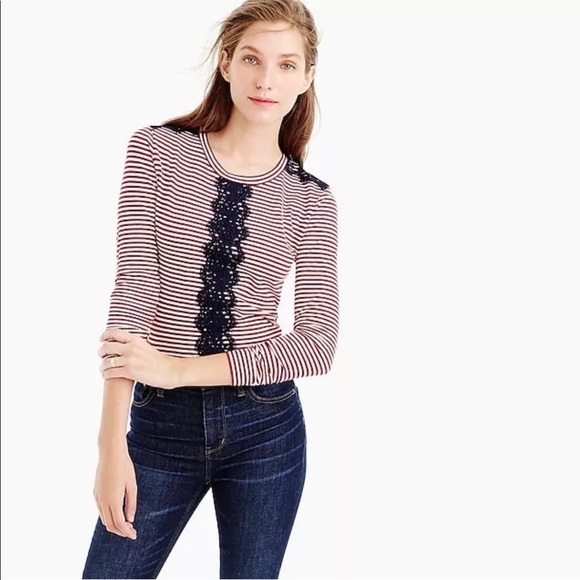 J. Crew Tops - SOLD|J. Crew Red White Striped Blue Lace T-Shirt